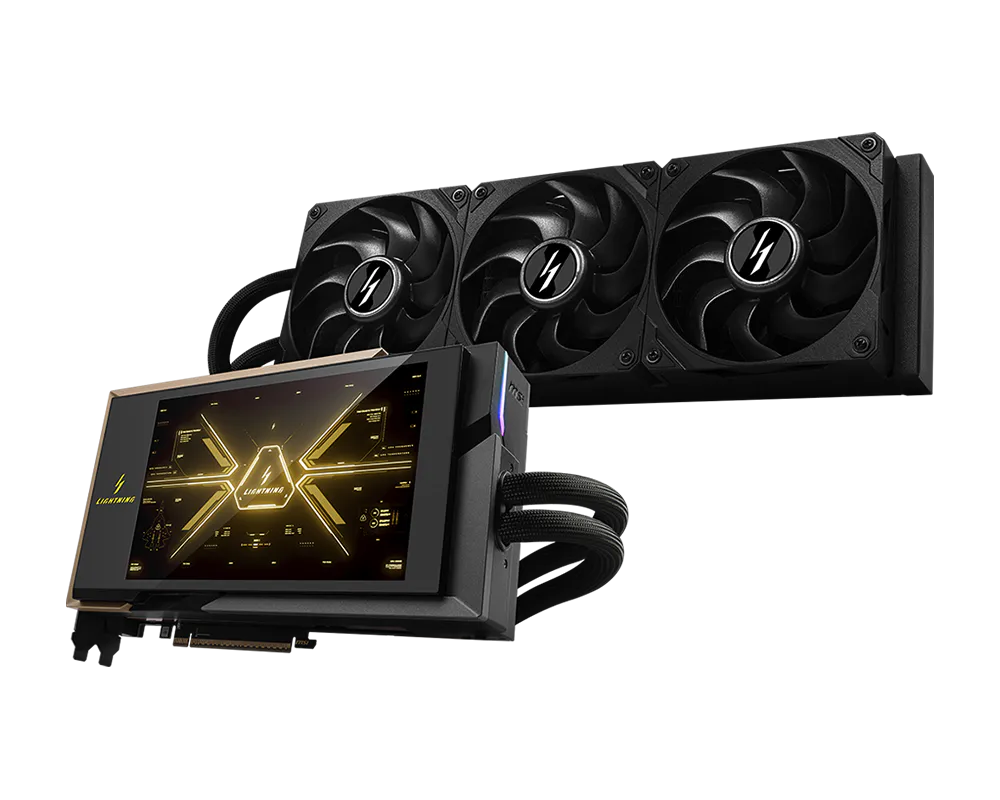 بطاقة رسومات MSI GeForce RTX 5090 32G LIGHTNING Z Extreme Overclocking، 32 جيجابايت GDDR7، 512-بت، تبريد سائل، تعزيز 2775 ميجاهرتز، طاقة 1000 واط، موصل مزدوج 16-بن، شاشة 8 بوصة، PCIe 5.0، HDMI 2.1b، DP 2.1b