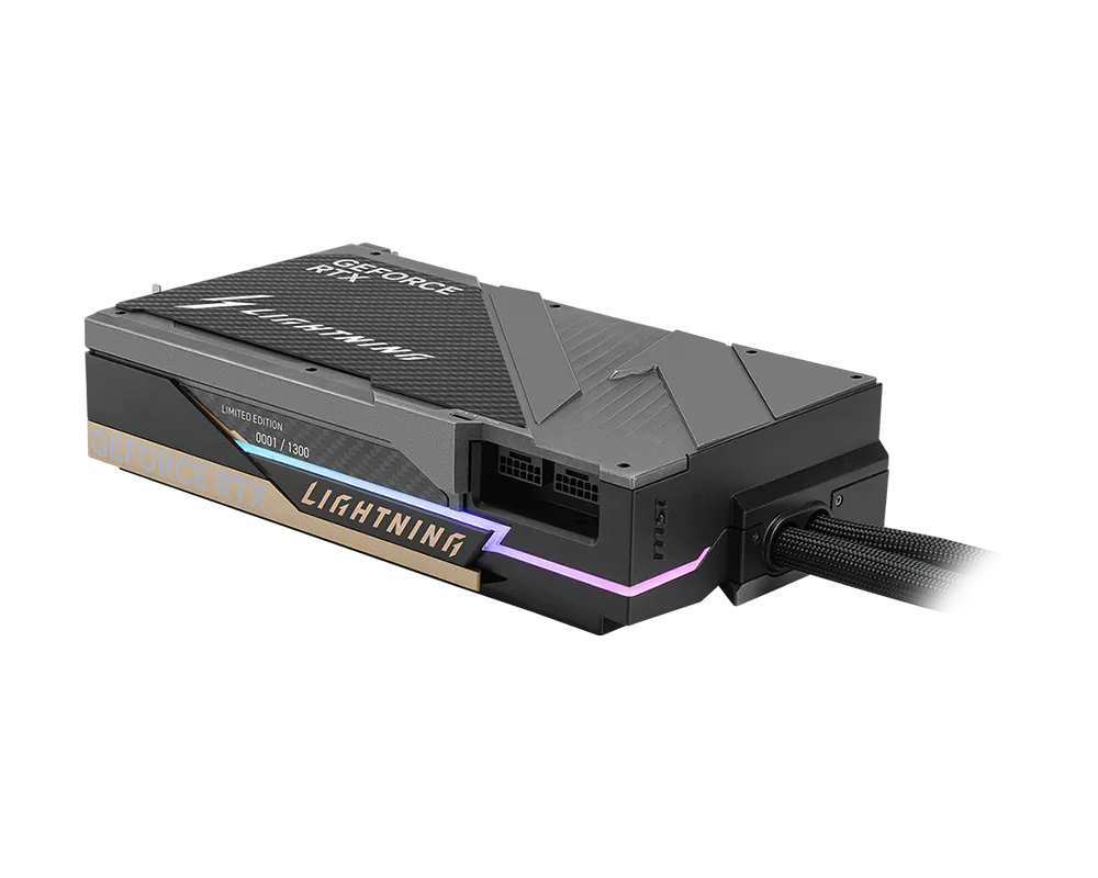 بطاقة رسومات MSI GeForce RTX 5090 32G LIGHTNING Z Extreme Overclocking، 32 جيجابايت GDDR7، 512-بت، تبريد سائل، تعزيز 2775 ميجاهرتز، طاقة 1000 واط، موصل مزدوج 16-بن، شاشة 8 بوصة، PCIe 5.0، HDMI 2.1b، DP 2.1b