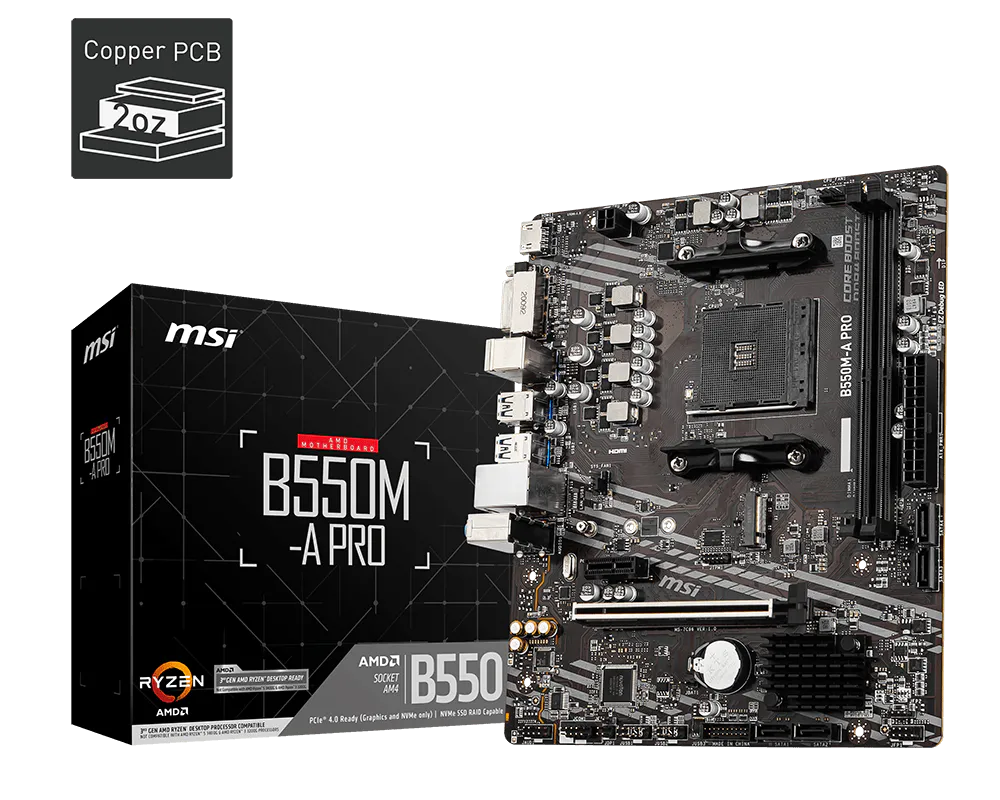 لوحة أم MSI B550M-A PRO – AMD B550، AM4، DDR4 بسرعة 4600+ ميجاهرتز (OC)، PCIe 4.0 x16، Gen4 M.2، HDMI، DVI-D، شبكة جيجابت LAN، Micro-ATX