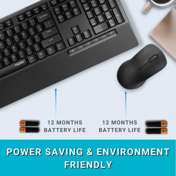Rapoo Wireless Keyboard and Mouse Combo X1960 -2.4GHz – Low-Profile Full-Size Keys, Optical Mouse, Long Battery Life, USB Receiver