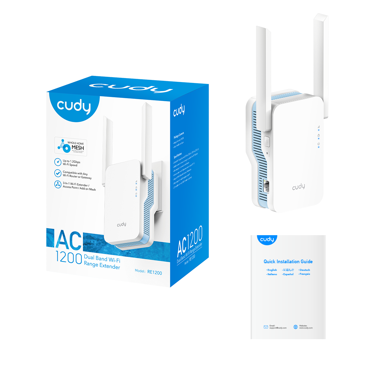 Cudy RE1200 1.0 AC1200 Mesh Wi‑Fi Extender (867+300 Mbps), 30‑Device Support, Ethernet & Mesh Satellite