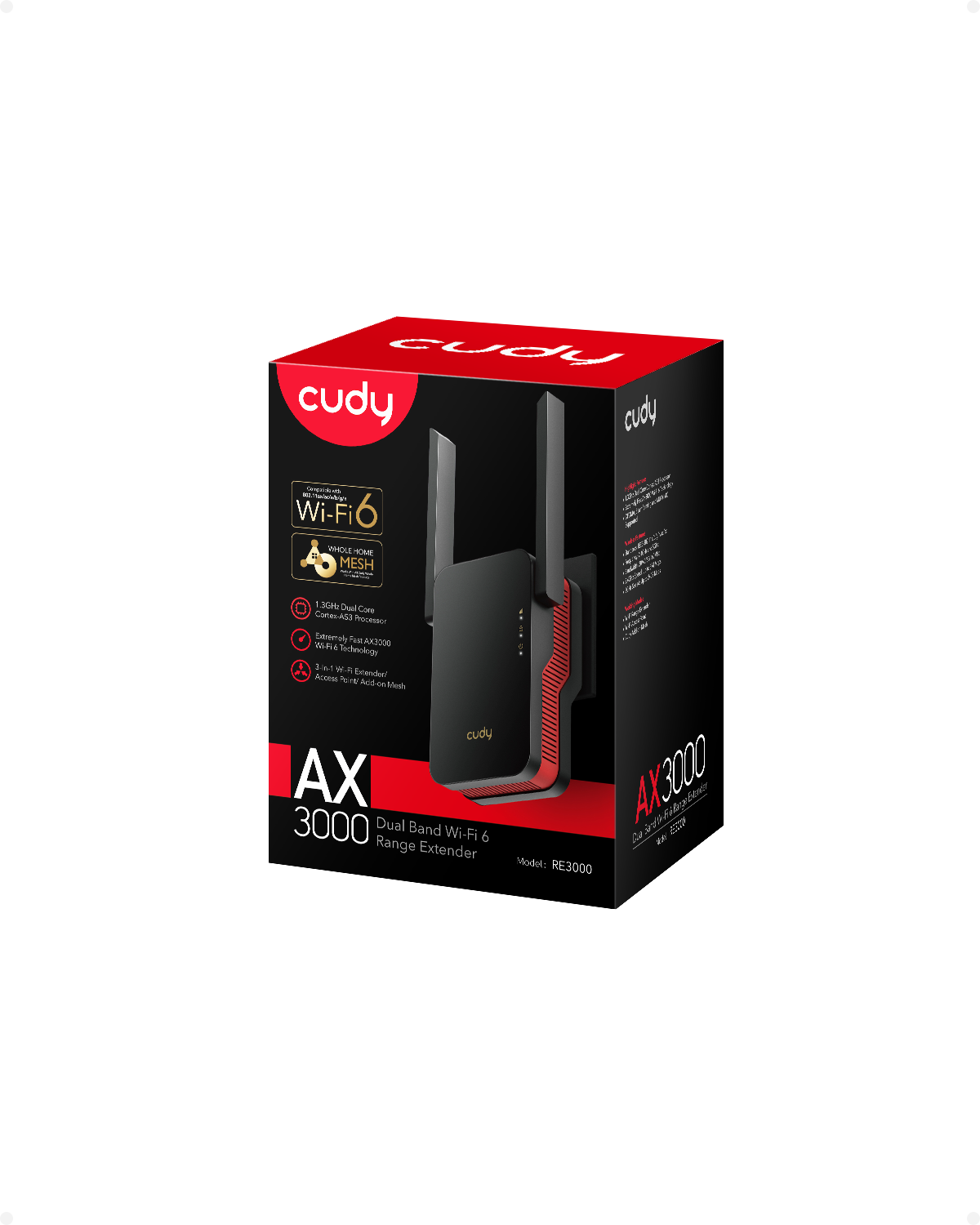 Cudy RE3000 1.0 AX3000 Wi‑Fi 6 Mesh Range Extender with Gigabit Ethernet, 50‑Device Support & WPA3