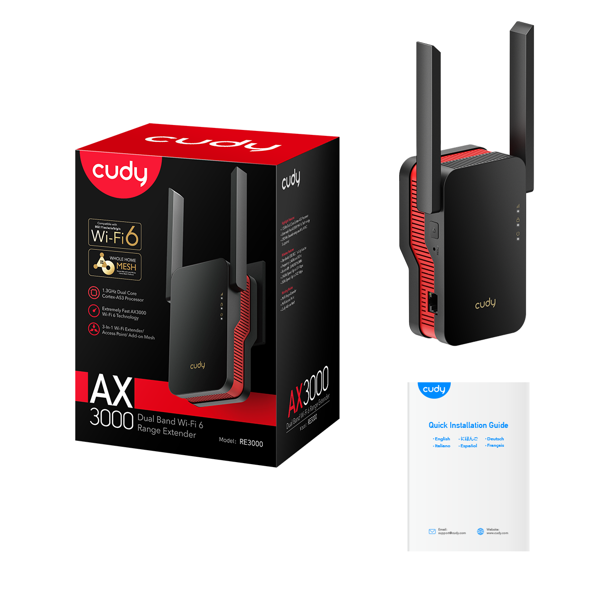 Cudy RE3000 1.0 AX3000 Wi‑Fi 6 Mesh Range Extender with Gigabit Ethernet, 50‑Device Support & WPA3