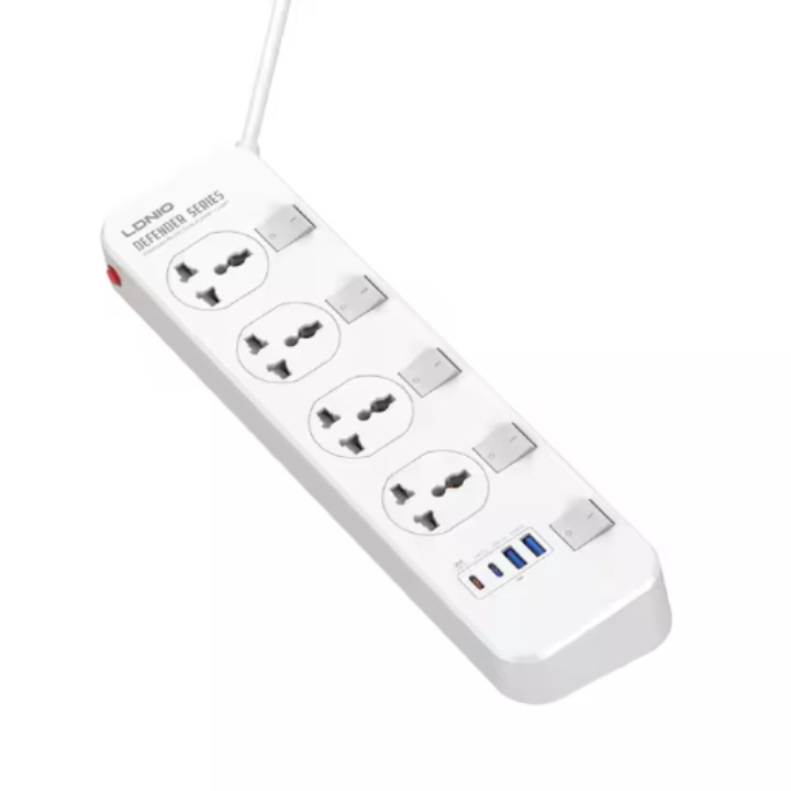 LDNIO SC4408C 4-Outlet Power Strip + 4 USB Ports – 2-Meter Cable, 2500W Max, Auto-ID Charging, Overload Protection