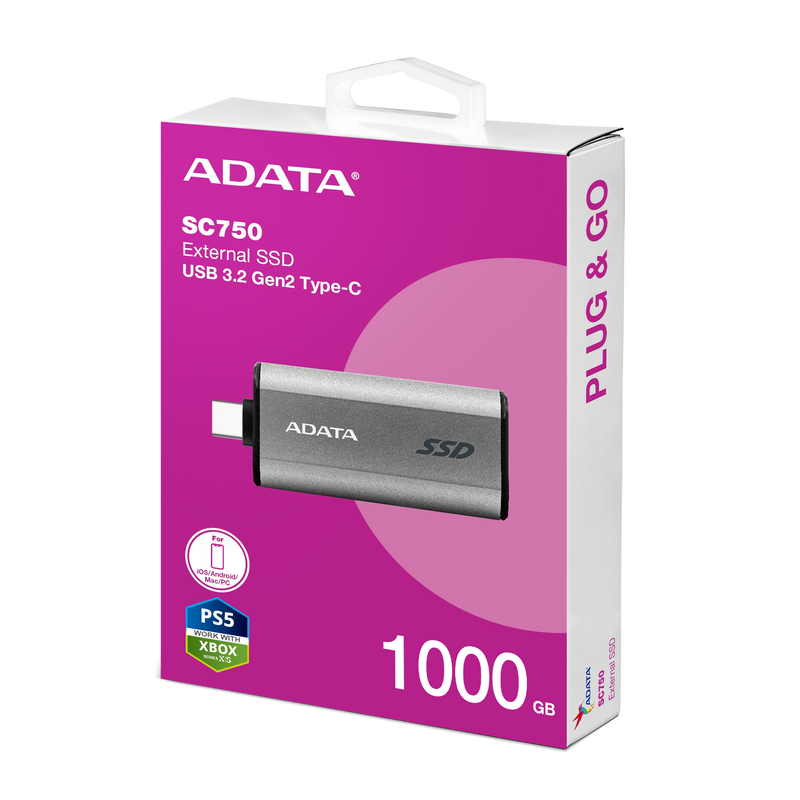 ADATA SC750  Up to 1000 MB/s- HighSpeed USB 3.2 Gen 2 USB-C External Portable SSD Black Titanium