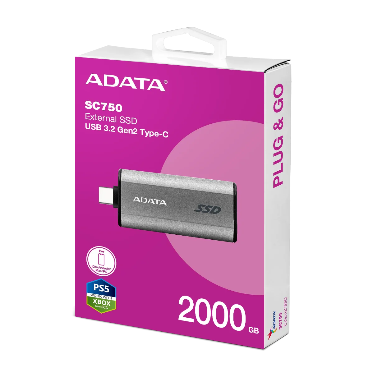 قرص تخزين خارجي SSD من ADATA SC750 بسعة 2 تيرابايت - USB 3.2 من الجيل الثاني، بسرعة 1050 ميجابايت/ثانية، بدون كابلات للهواتف وأجهزة الألعاب، متوافق مع ProRes