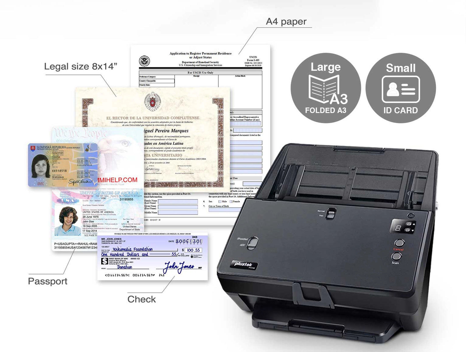Plustek SmartOffice PT2160 Duplex Document Scanner , 60 ppm / 120 ipm , 100-Sheet ADF , Passport & ID Card Support , USB 3.2 , OCR