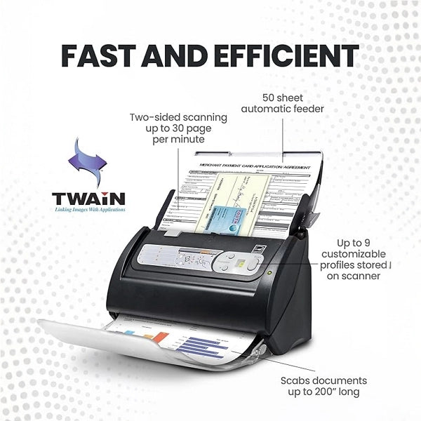ماسح مستندات Plustek SmartOffice PS188 مزدوج الوجه، 30 صفحة في الدقيقة / 60 صورة في الدقيقة، وحدة تغذية تلقائية للمستندات سعة 50 ورقة، 600 نقطة لكل بوصة، OCR، USB 2.0