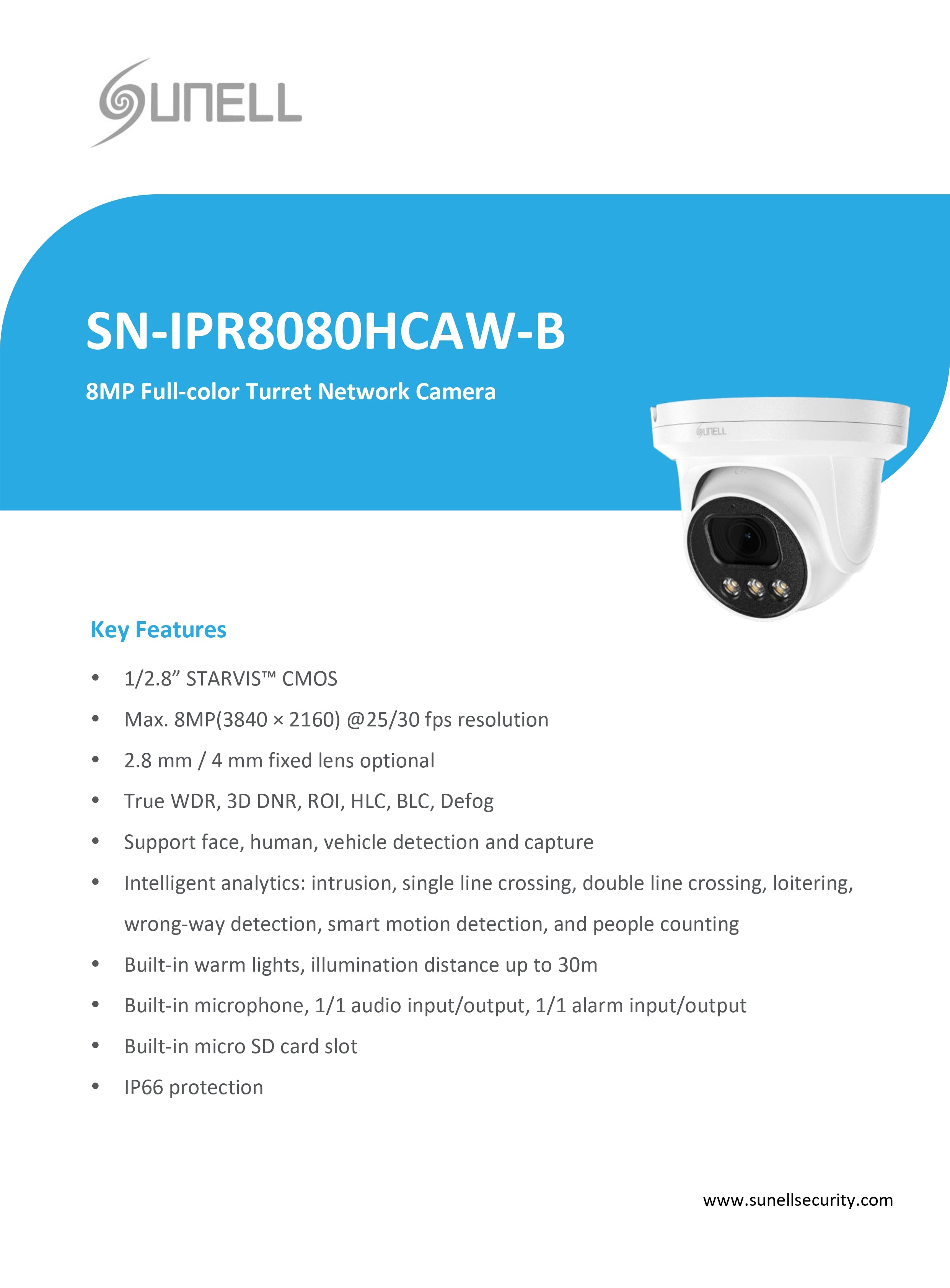 كاميرا IP كاملة الألوان SUNELL 8MP Dome Eyeball، عدسة 2.8 مم، ضوء دافئ 30 مترًا، كشف الوجه والسيارة، مدخل/مخرج صوت، مدخل/مخرج إنذار، فتحة SD، IP66