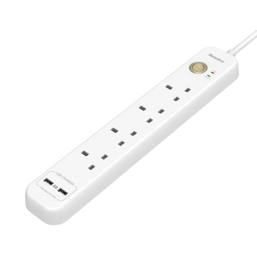 Huntkey SUC507 Power Strip: 4 UK Outlets, 2 USB Ports (2.4A), Surge Protection, Child Safety Shutters, Flame-Retardant, 2m Cord