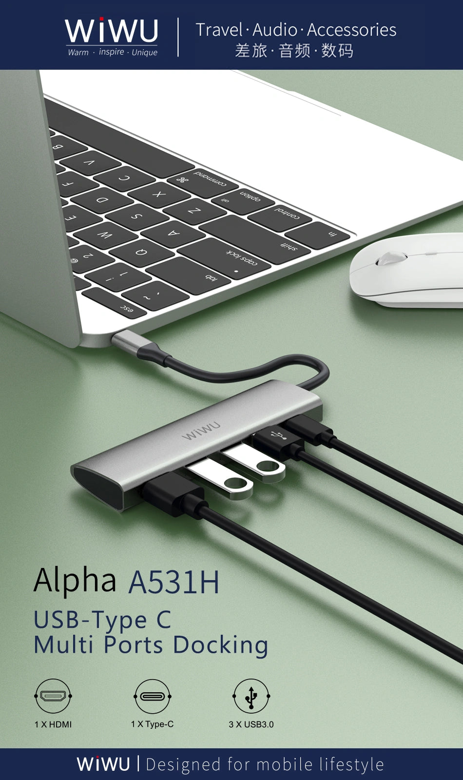WIWU ALPHA 5 IN 1 USB-C HUB A531H - GRAY