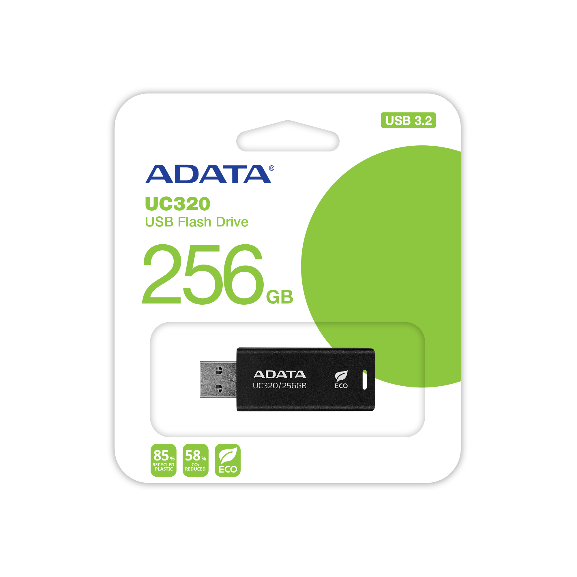 محرك أقراص فلاش DATA UC320 USB 3.2 Gen1 مصنوع من بلاستيك PCR بنسبة 85% صديق للبيئة مع موصل منزلق بدون غطاء - سعة 256 جيجابايت