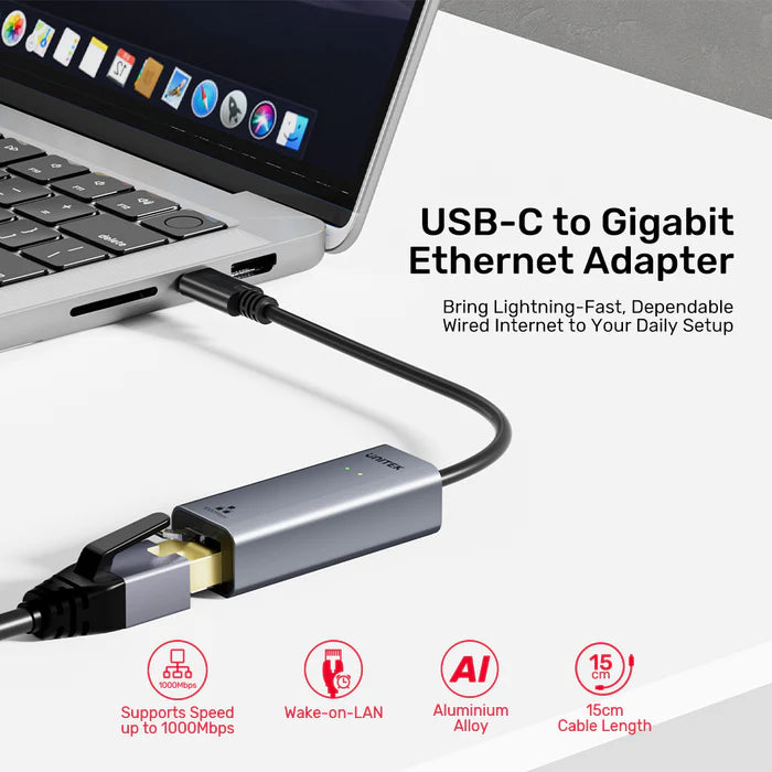 محول UNITEK من USB-C إلى RJ45 إيثرنت جيجابت، محول شبكة LAN بسرعة 1000 ميجابت في الثانية، USB-C بسرعة 5 جيجابت في الثانية، توصيل وتشغيل، رمادي فضائي