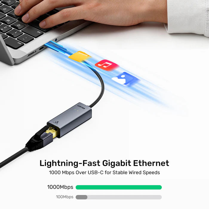 محول UNITEK من USB-C إلى RJ45 إيثرنت جيجابت، محول شبكة LAN بسرعة 1000 ميجابت في الثانية، USB-C بسرعة 5 جيجابت في الثانية، توصيل وتشغيل، رمادي فضائي