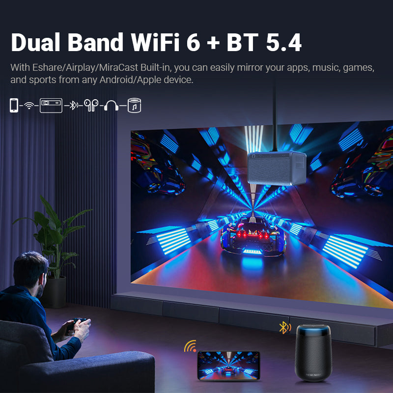 جهاز عرض Avetron Mini LED - دقة أصلية 1080 بكسل، 550 لومن ANSI، تركيز تلقائي، نظام Android 11، شاشة بحد أقصى 120 بوصة، مكبرات صوت مزدوجة 5 وات، دعم 4K