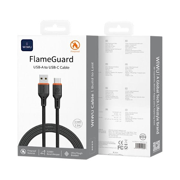 WiWU FlameGuard Wi-C096 USB-A to USB-C Charging & Data Cable, 1.2M, Flame-Retardant TPE & Nylon Braided, 5V Fast Charging