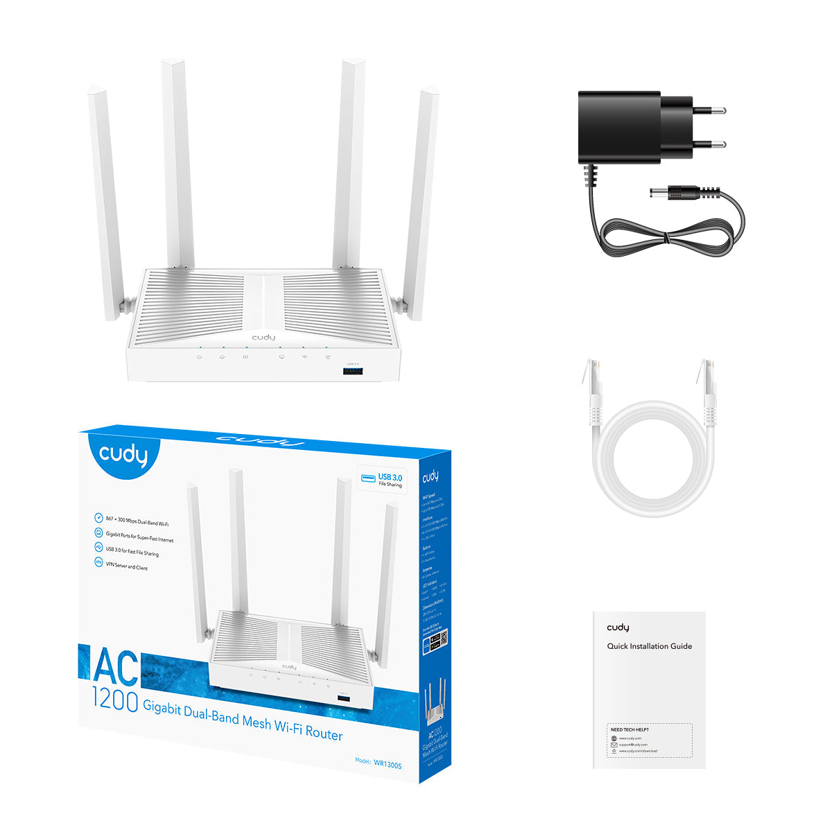 Cudy WR1300S 1.0 AC1200 Mesh Wi‑Fi Router (Gigabit 5‑Port, USB, MU‑MIMO, Beamforming, Cudy App & VPN)
