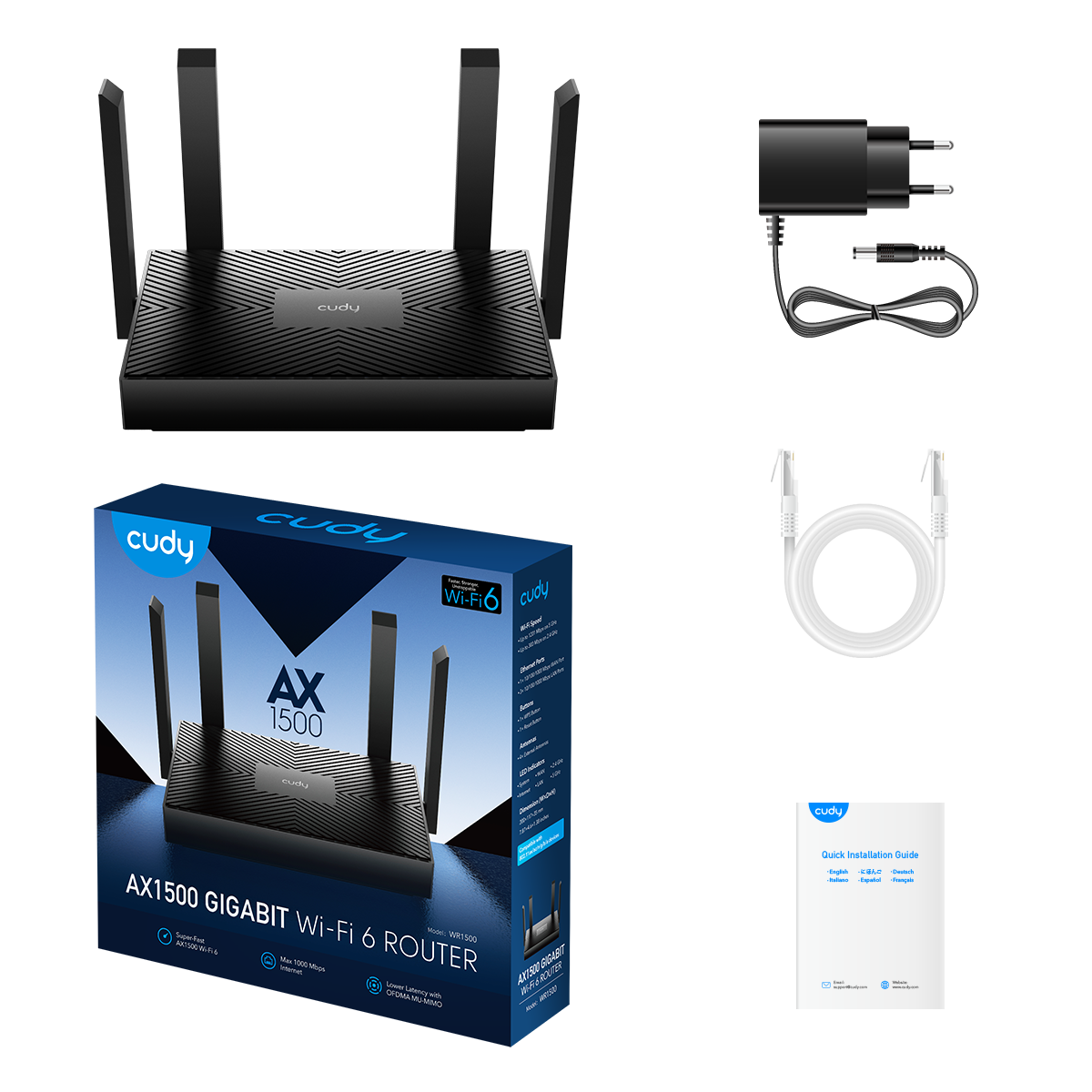 Cudy WR1500 1.0 AX1500 Dual‑Band Wi‑Fi 6 Mesh Router – 4× Gigabit Ports, 60‑Device, WPA3, OFDMA, Beamforming