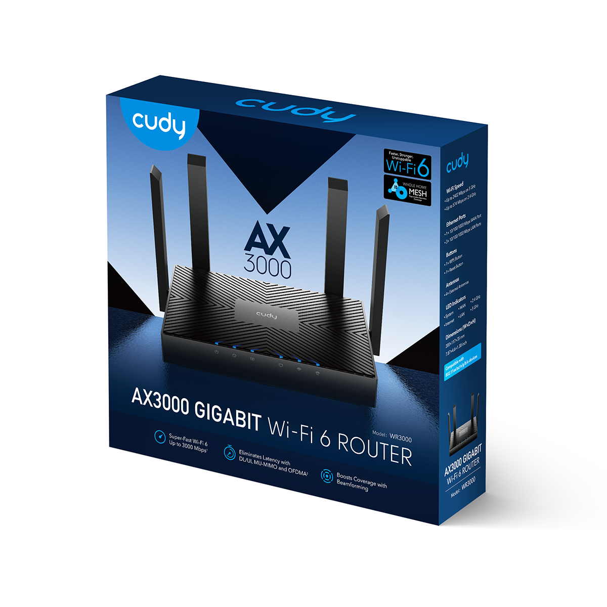 Cudy WR3000 1.0 AX3000 Mesh Wi‑Fi 6 Router – Dual‑Band 4‑Stream, 4× Gigabit Ports, VPN & 200‑Device Support
