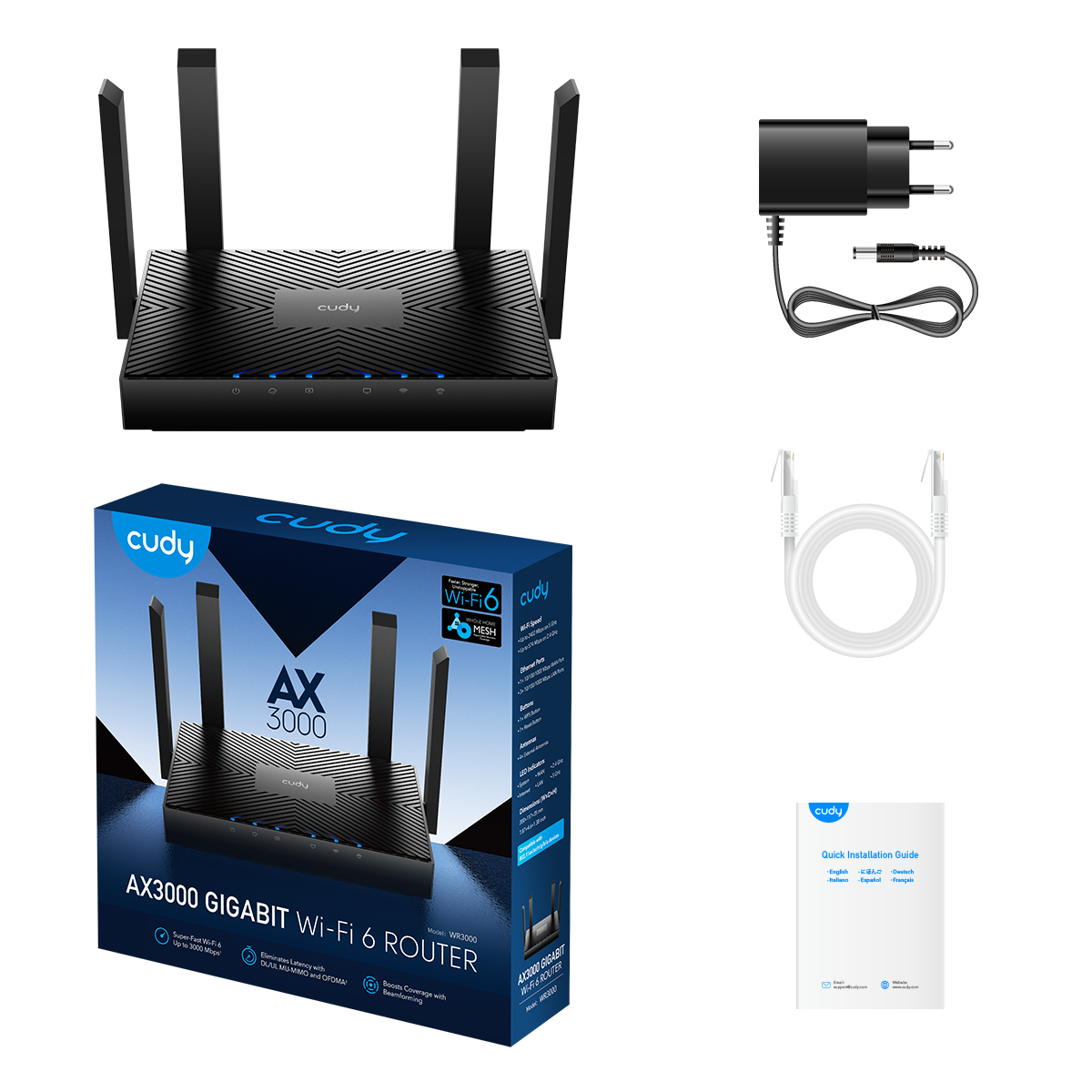 Cudy WR3000 1.0 AX3000 Mesh Wi‑Fi 6 Router – Dual‑Band 4‑Stream, 4× Gigabit Ports, VPN & 200‑Device Support