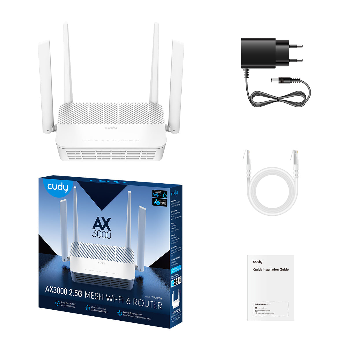 راوتر Cudy WR3000H 1.0 AX3000 Mesh Wi-Fi 6 - شبكة WAN 2.5 جيجابت إيثرنت، 4 جيجابت LAN، 5 تدفقات، 200 جهاز، تكوين الحزمة وشبكة VPN