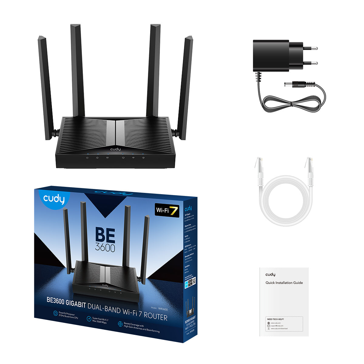 جهاز توجيه Cudy WR3600 1.0 ثنائي النطاق بتقنية Wi-Fi 7 Mesh - 4 تدفقات بسرعة 3.6 جيجابت في الثانية، معالج رباعي النواة، 5 شبكات LAN/WAN جيجابت، VPN وMesh