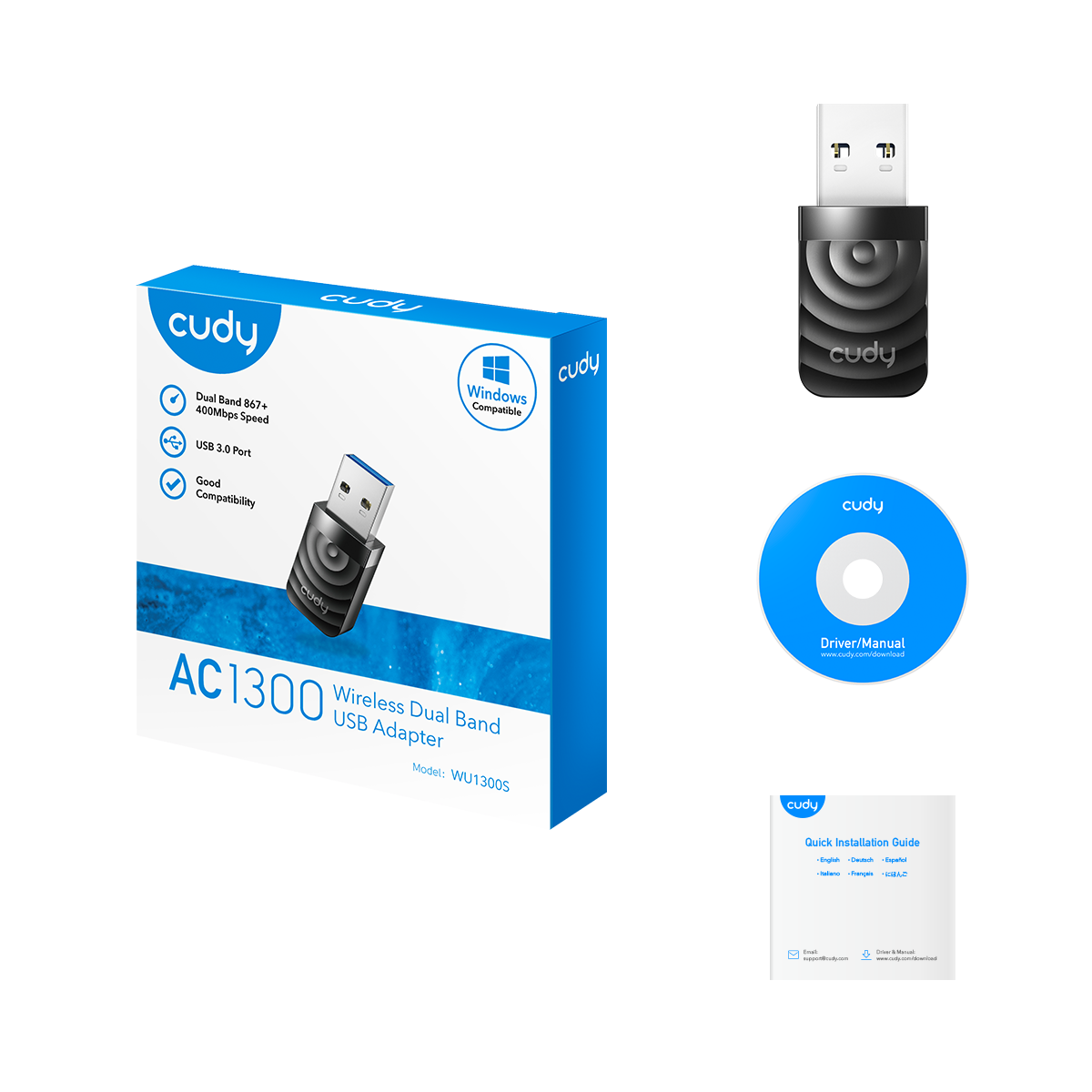 Cudy WU1300S 1.0 AC1300 Dual‑Band USB 3.0 Wi‑Fi 5 Adapter — 867 Mbps @ 5 GHz + 400 Mbps @ 2.4 GHz, MU‑MIMO, Win/Mac/Linux
