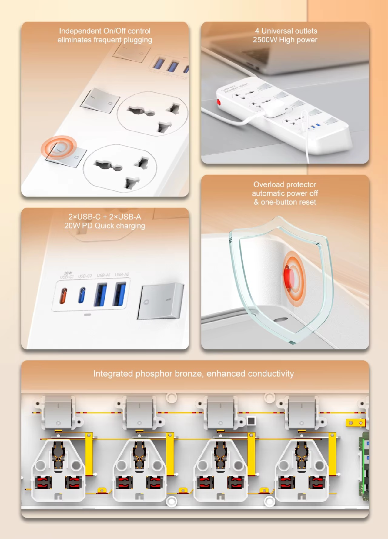 شريط طاقة LDNIO SC4408C بأربعة منافذ كهربائية + أربعة منافذ USB – كابل بطول 2 متر، بحد أقصى 2500 واط، شحن بتقنية التعرف التلقائي، حماية من التحميل الزائد