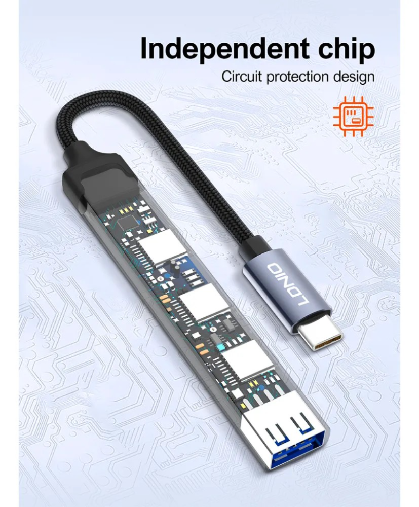 LDNIO DS‑74C USB‑C Multi‑Port Hub with 3× USB‑C & 1× USB 3.0 Ports, High‑Speed Data Transfer Adapter for Laptop, MacBook, Tablet & USB‑C Devices