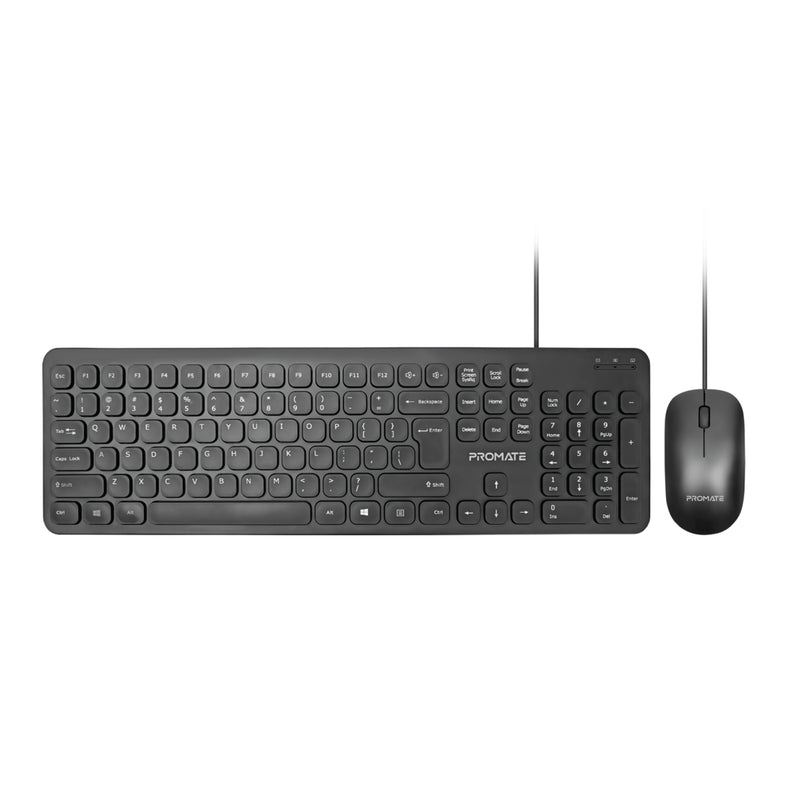 Promate Wired Keyboard with 1200 DPI Mouse, 106-Keys Quiet