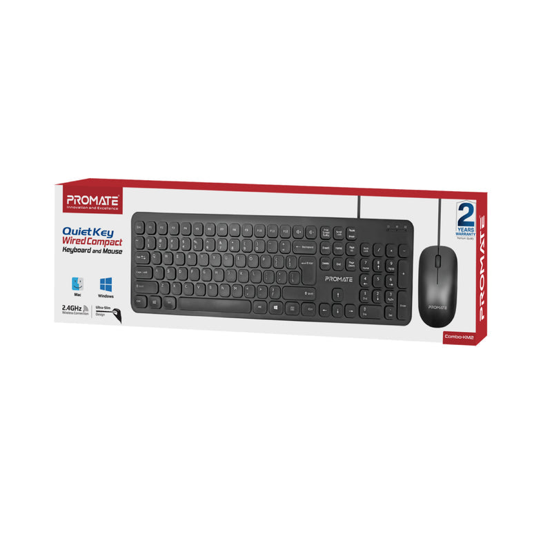 Promate Wired Keyboard with 1200 DPI Mouse, 106-Keys Quiet