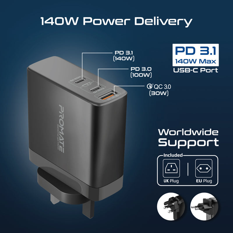 Promate 140W Power Delivery 3.1 GaN Charger • 140W USB-C PD • 100W USB-C PD • 30W Super-Charge Port • GaNCharge-140W