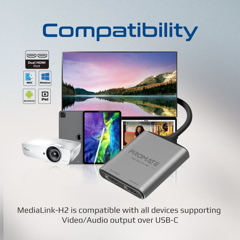 Promate 4K 60Hz High Definition USB-C to Dual HDMI Adapter MediaLink-H2