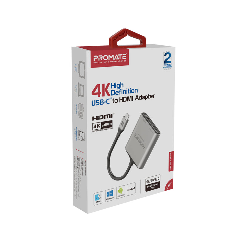 Promate 4K 60Hz High Definition USB-C to Dual HDMI Adapter MediaLink-H2