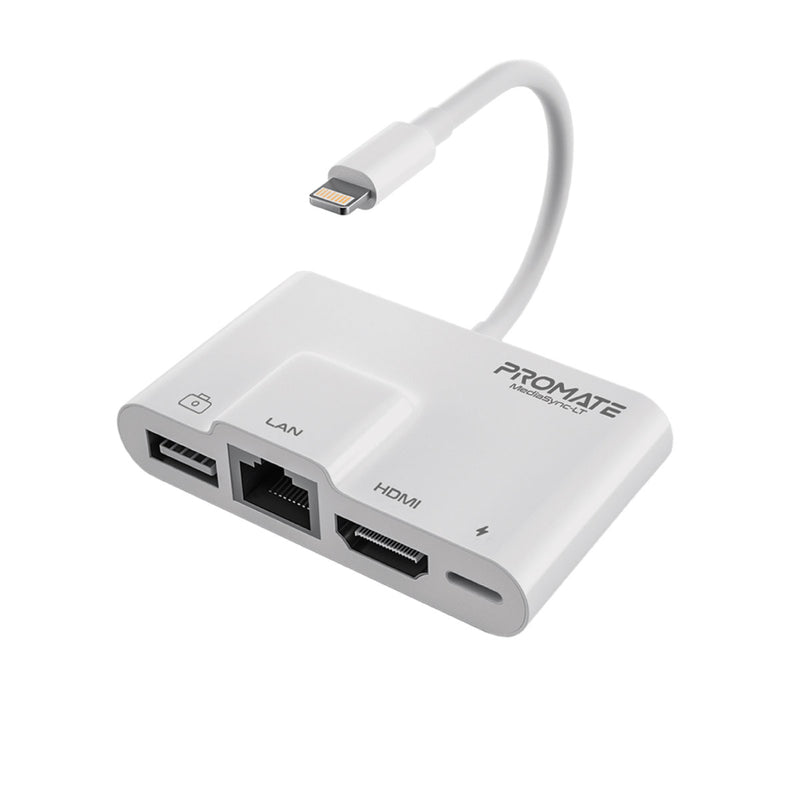 Promate 4-in-1 OTG Lightning Hub • HDMI Port • Ethernet Port • Charging Bridge • USB Media Port • MediaSync-LT