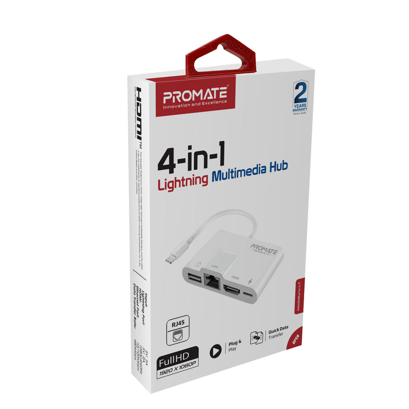 Promate 4-in-1 OTG Lightning Hub • HDMI Port • Ethernet Port • Charging Bridge • USB Media Port • MediaSync-LT