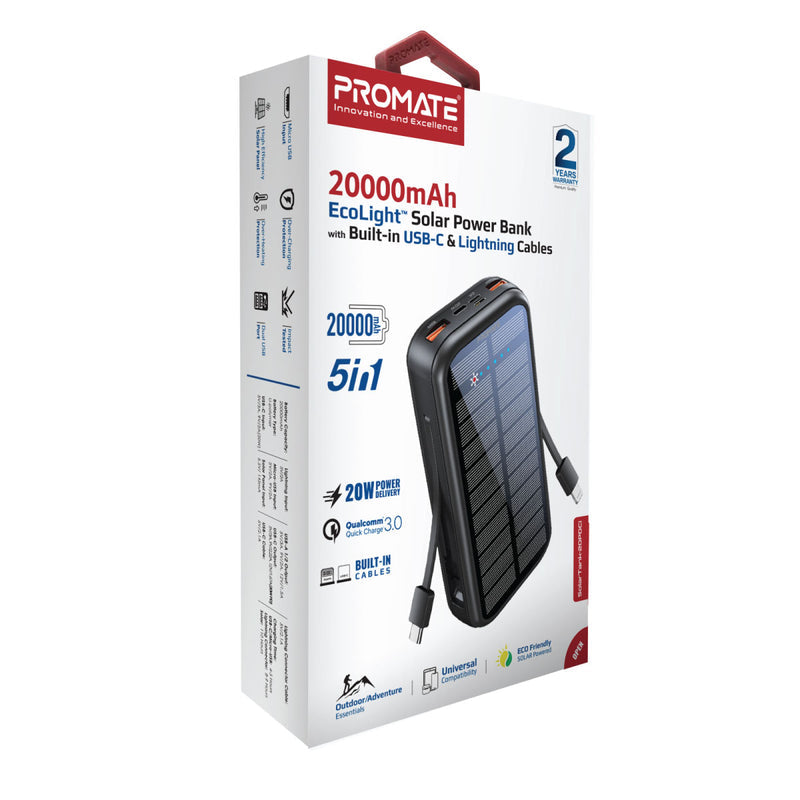 Promate SolarTank-20PDCi 20000mAh EcoLight Solar Power Bank with Built-in USB-C & Lightning Cables