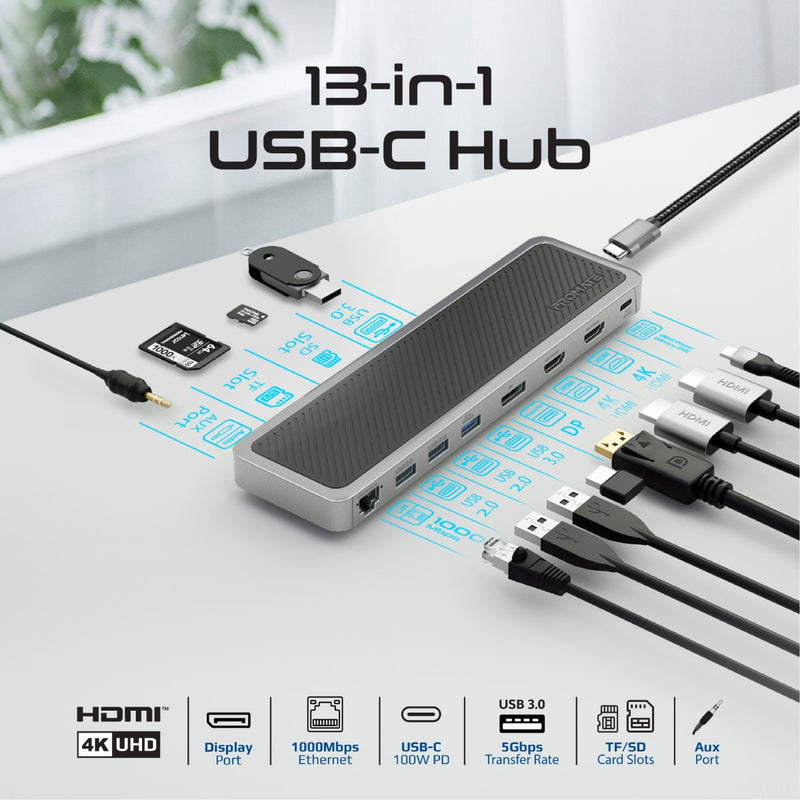 Promate 12-in-1 USB-C Hub • 2x4K HDMI • Display Port • 100W Power Delivery • USB 3.0 & USB 2.0 • 1000Mbps RJ45 • ApexHub-MST