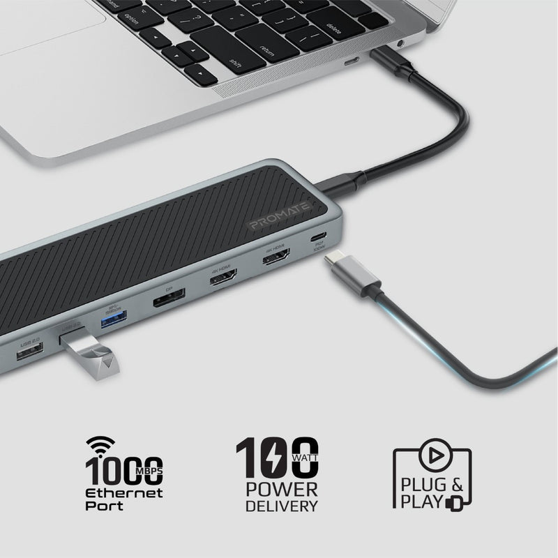 Promate 12-in-1 USB-C Hub • 2x4K HDMI • Display Port • 100W Power Delivery • USB 3.0 & USB 2.0 • 1000Mbps RJ45 • ApexHub-MST