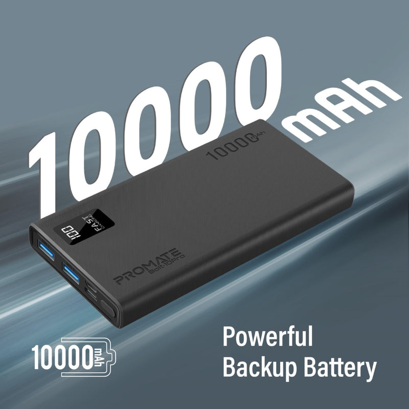 Promate 10,000mAh Compact Smart Charging Power Bank with Dual USB-A & USB-C Output