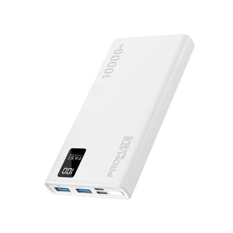 Promate 10000mAh Compact Smart Charging Power Bank with Dual USB-A & USB-C Output