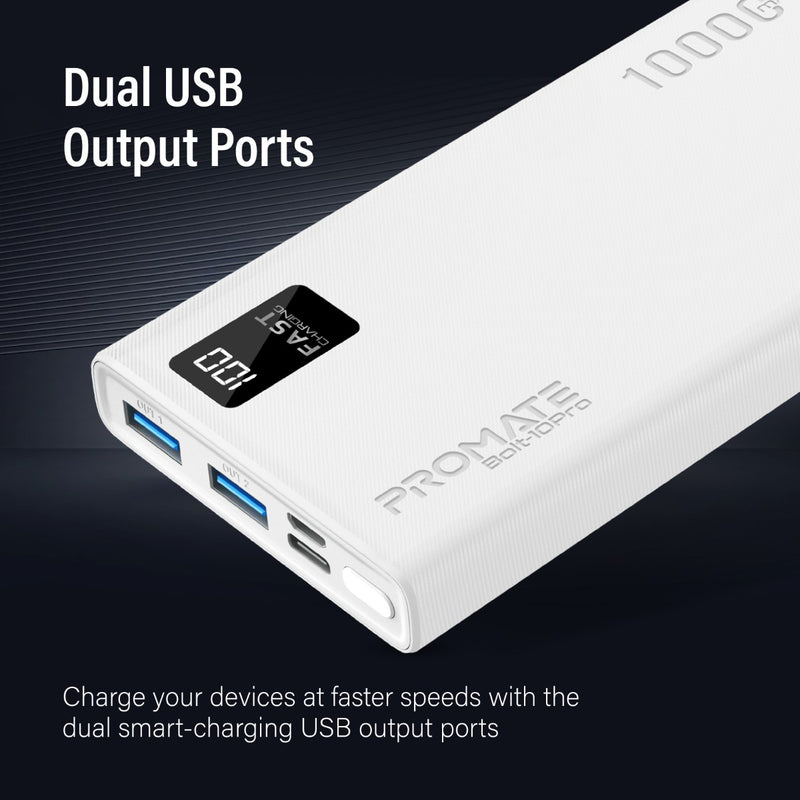Promate 10000mAh Compact Smart Charging Power Bank with Dual USB-A & USB-C Output