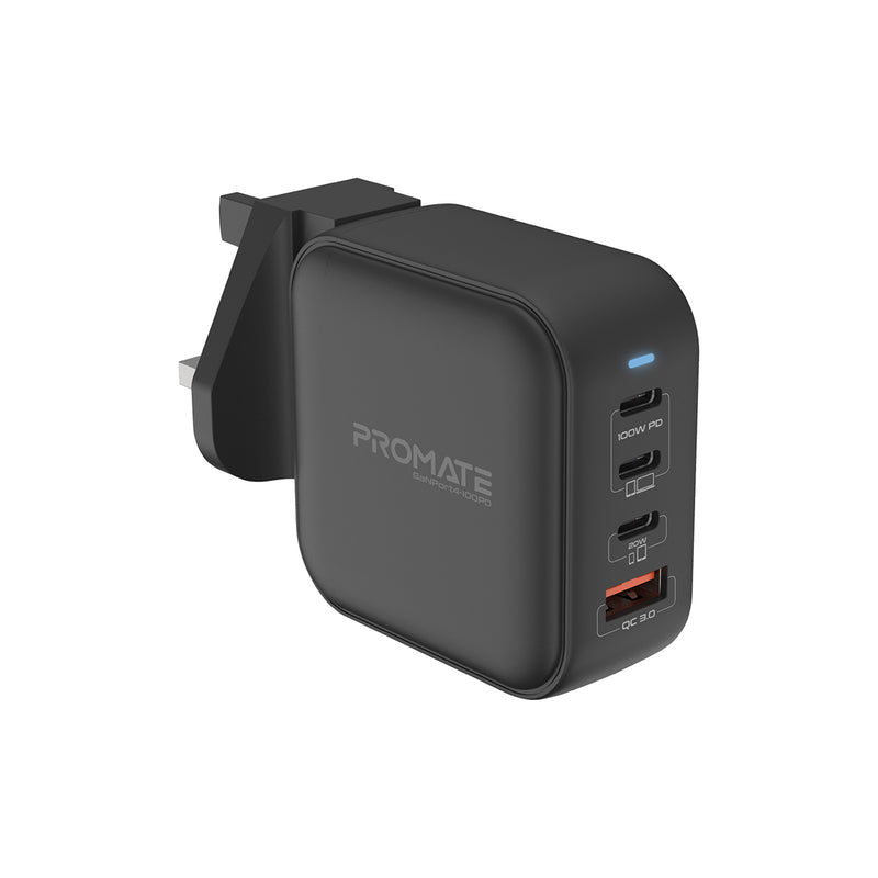 Promate 100W Power Delivery GaNFast™ Charger with QC 3.0 • 3* USB-C Ports, USB-A Port • GaNPort4-100PD
