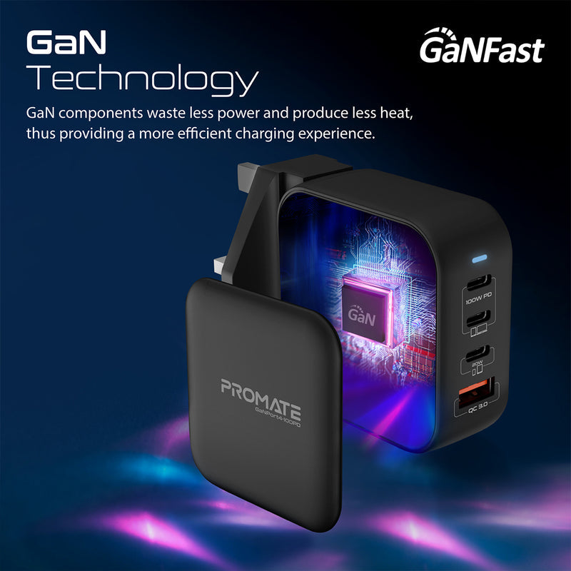 Promate شاحن GaNFast™ بقدرة 100 واط مع تقنية Power Delivery وQC 3.0 • 3 منافذ USB-C، منفذ USB-A • GaNPort4-100PD