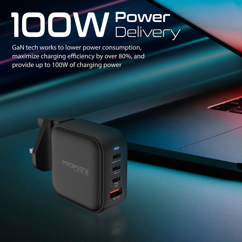 Promate شاحن GaNFast™ بقدرة 100 واط مع تقنية Power Delivery وQC 3.0 • 3 منافذ USB-C، منفذ USB-A • GaNPort4-100PD