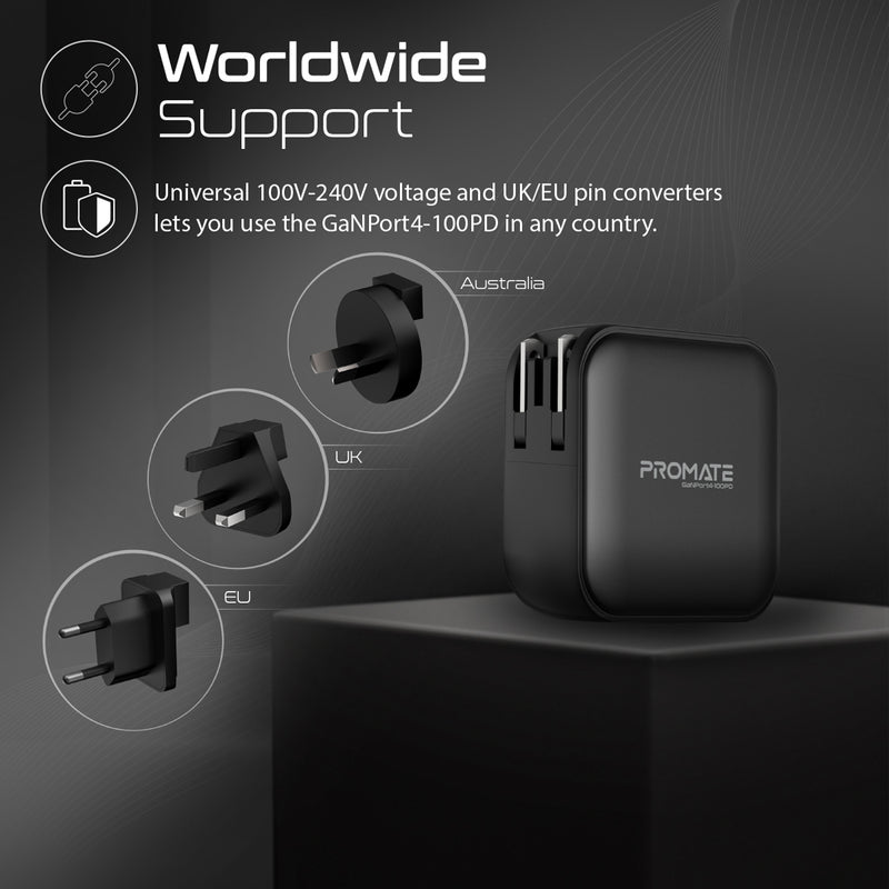 Promate شاحن GaNFast™ بقدرة 100 واط مع تقنية Power Delivery وQC 3.0 • 3 منافذ USB-C، منفذ USB-A • GaNPort4-100PD