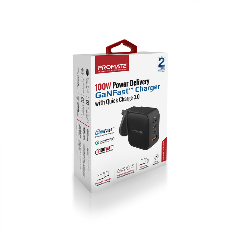 Promate شاحن GaNFast™ بقدرة 100 واط مع تقنية Power Delivery وQC 3.0 • 3 منافذ USB-C، منفذ USB-A • GaNPort4-100PD