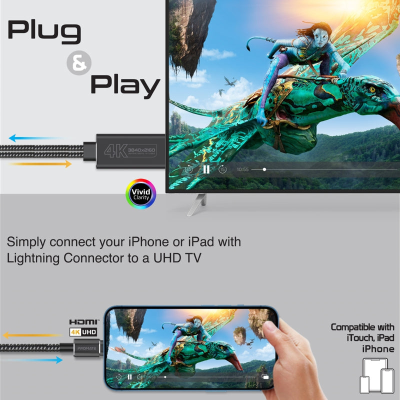 Promate 4K 60Hz High Definition Lightning Connector to HDMI Cable for iPhone or iPad