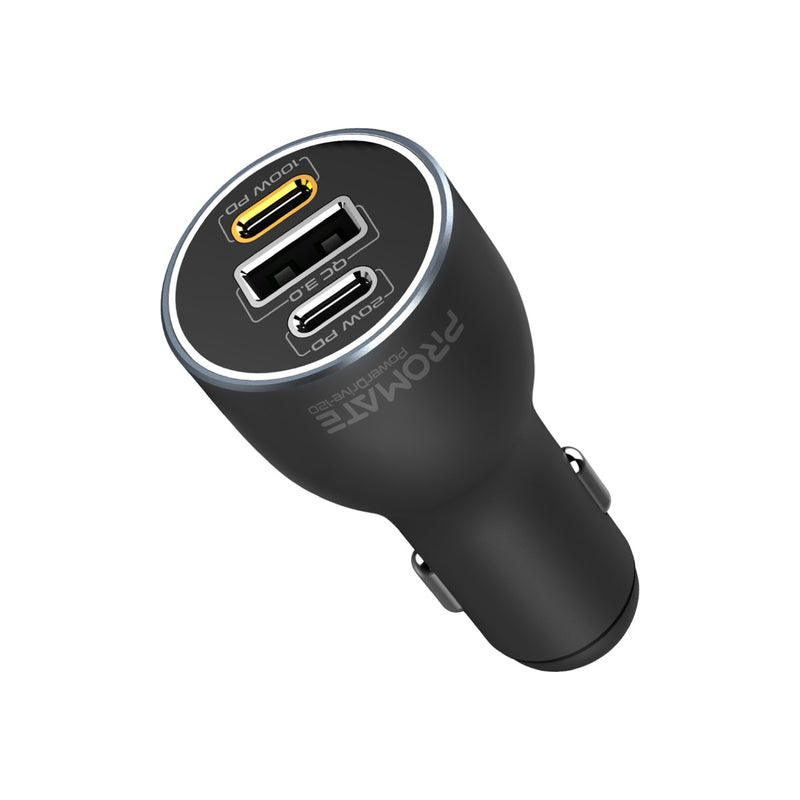 Promate PowerDrive-120 120W RapidCharge Car Charger – Dual USB-C PD + QC 3.0 USB-A, 12-24V Input
