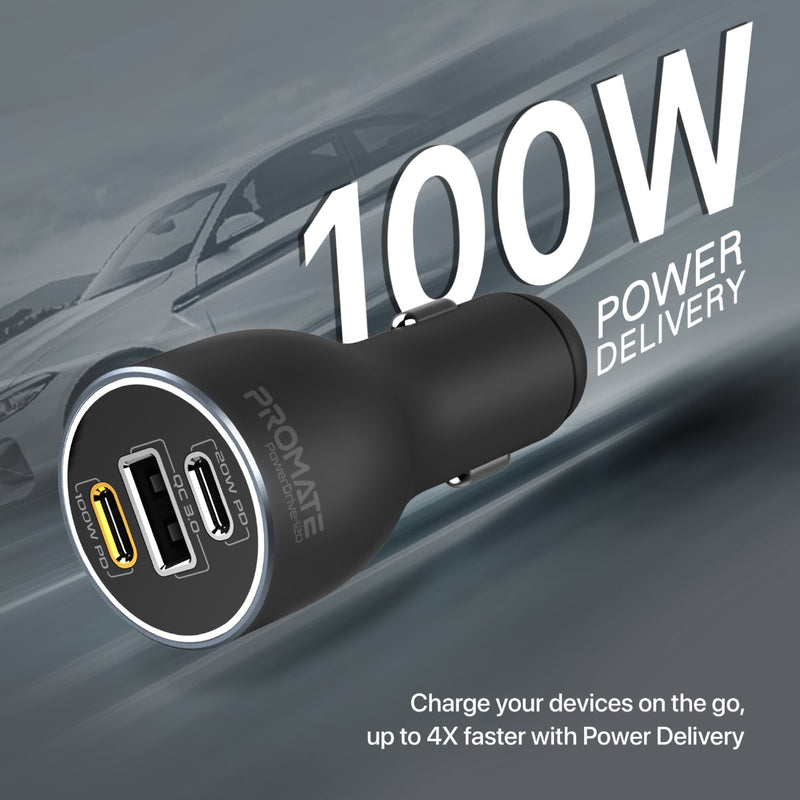 Promate PowerDrive-120 120W RapidCharge Car Charger – Dual USB-C PD + QC 3.0 USB-A, 12-24V Input